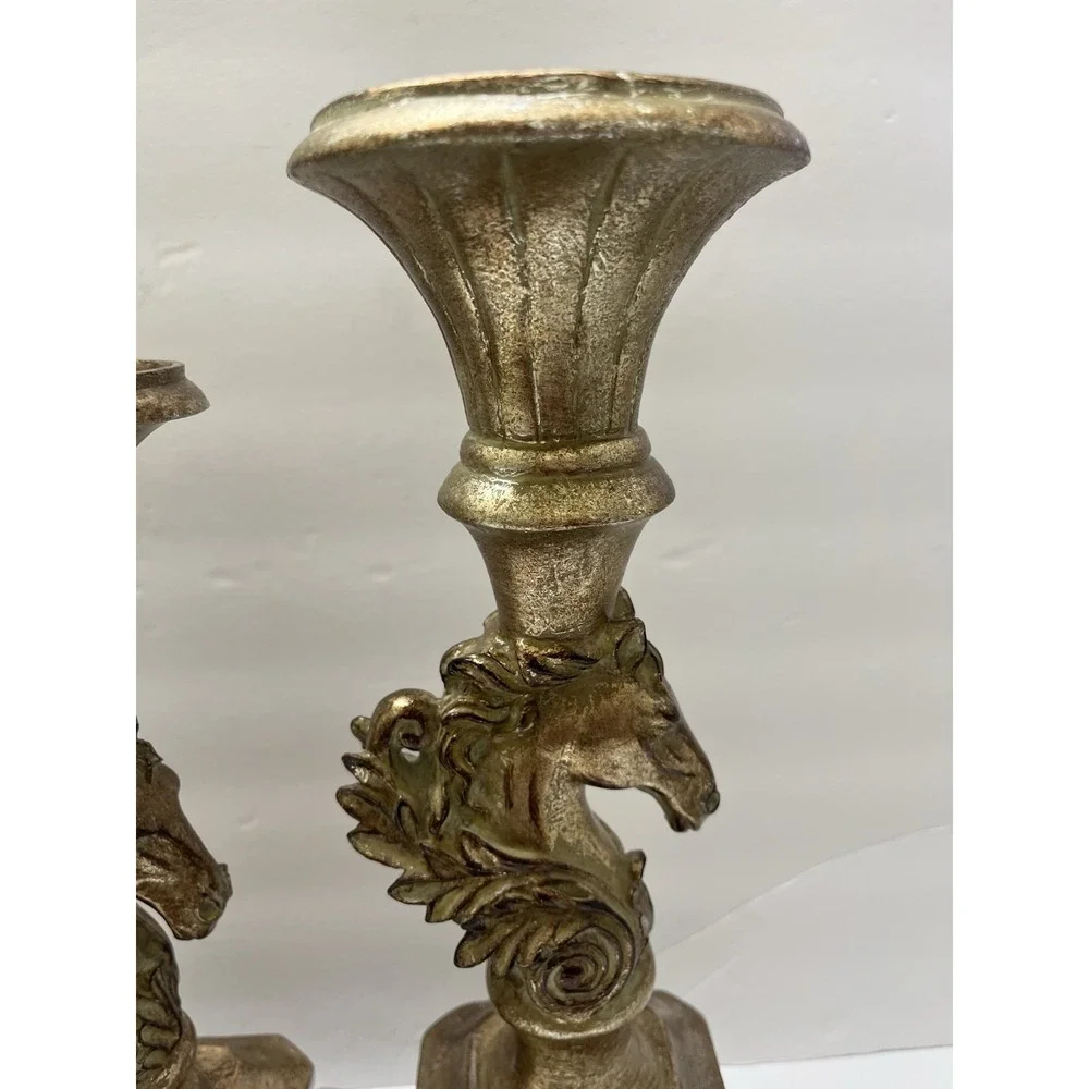 Antique-Style Candle Holders Gold-Gilt Horse Head Bust Pedestal Base Set Of 3